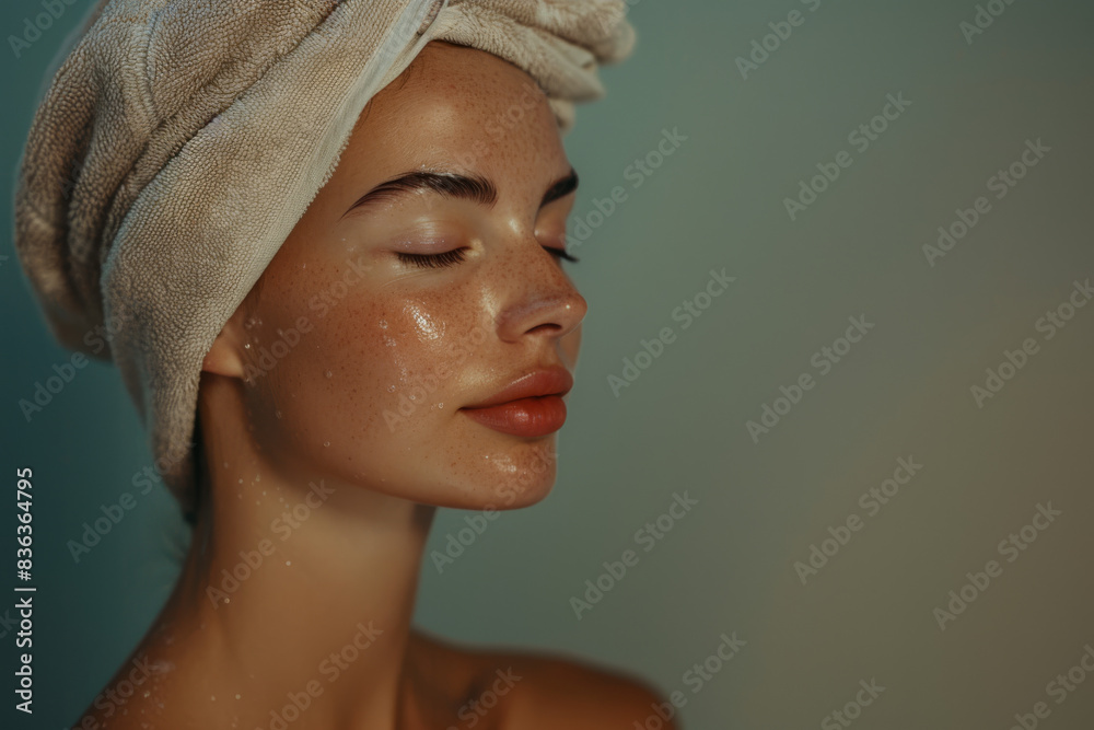 A close up of a woman after having a shower with her eyes closed looking to a side A close up of a woman after having a shower with her eyes closed looking to a side