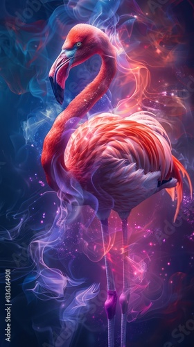 Vibrant digital artwork of a flamingo with neon hues. A blend of nature and abstract fantasy in stunning colors.