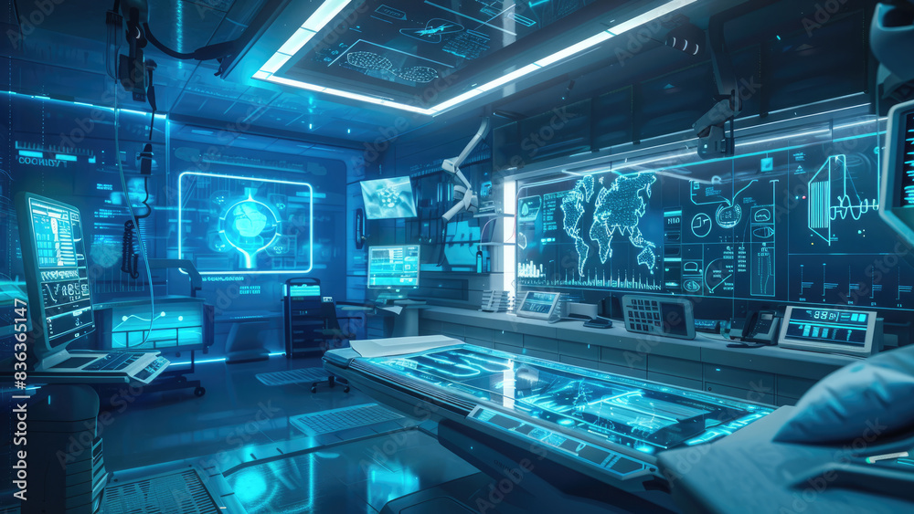 Futuristic High-Tech Medical Operating Room with Advanced Equipment and Holographic Displays
Futuristic High-Tech Medical Operating Room with Advanced Equipment and Holographic Displays