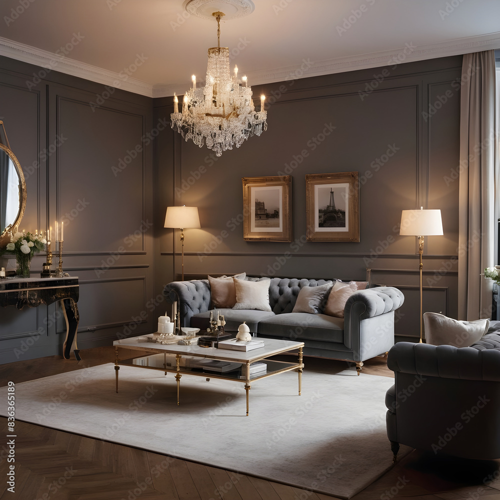 Fototapeta premium Opulent living room with a grey chesterfield sofa, grand chandelier, and refined decor, exuding a timeless and sophisticated ambiance