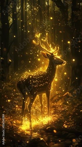 Ethereal image of an enchanted deer glowing in a mystical forest, surrounded by sparkling lights and magical atmosphere. photo
