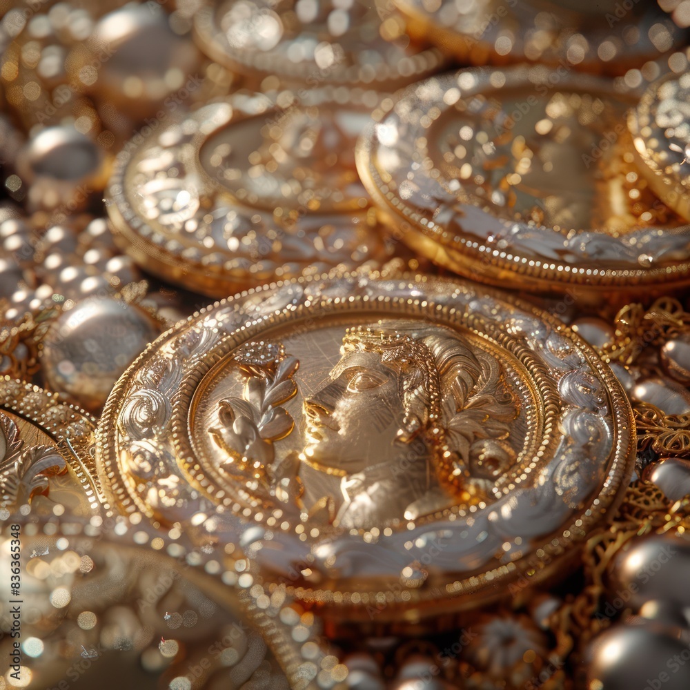 Close-up of ornate gold and pearl medallions featuring intricate artistic designs reflecting wealth and luxury. Close-up of ornate gold and pearl medallions featuring intricate artistic designs reflecting wealth and luxury.