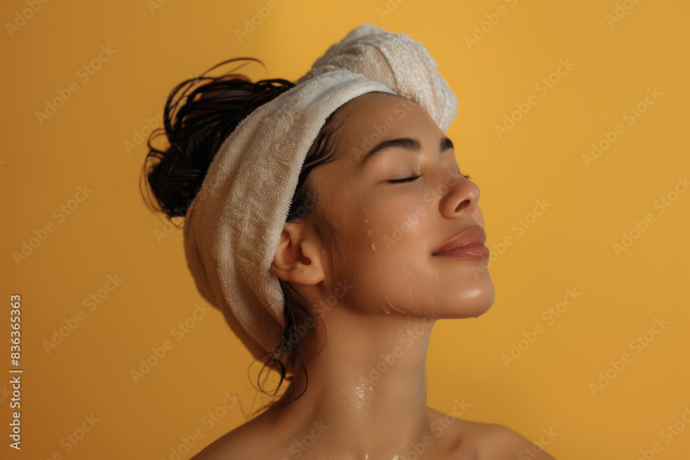 Fototapeta premium A close up of a woman after having a shower with her eyes closed looking to a side