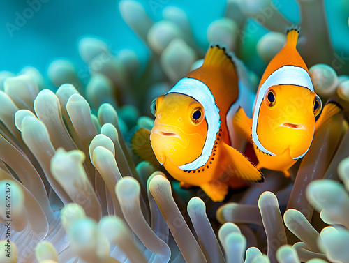 Two vivid orange clownfish swimming cautiously near the coral reef, seeking refuge in the environment.