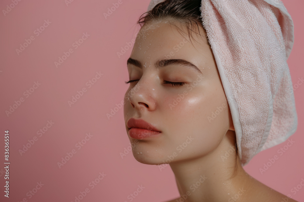A close up of a woman after having a shower with her eyes closed looking to a side A close up of a woman after having a shower with her eyes closed looking to a side