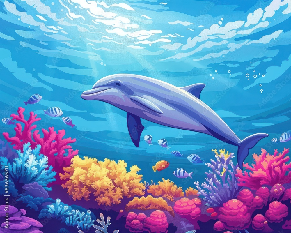 Fototapeta premium A beautiful underwater scene featuring a playful dolphin surrounded by vibrant coral and colorful fish, basking in sunlight.
