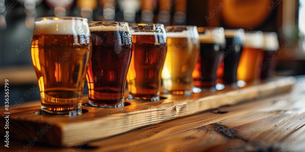 Craft Beer Tasting Sampler on Wooden Paddle, generative ai
