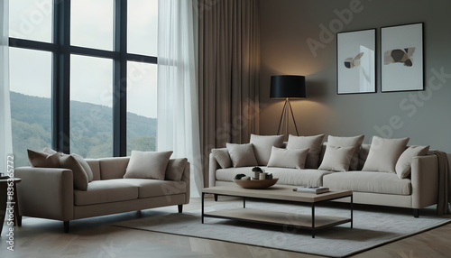 Stylish and modern living space with a cozy sofa set  elegant furnishings  and expansive windows offering peaceful outdoor views