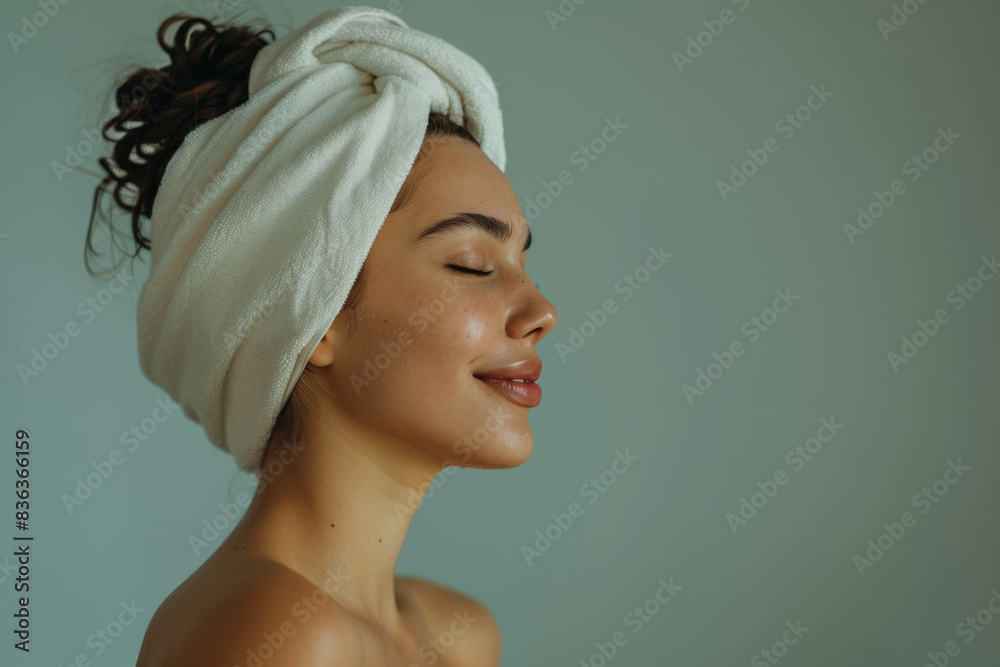 A close up of a woman after having a shower with her eyes closed looking to a side A close up of a woman after having a shower with her eyes closed looking to a side