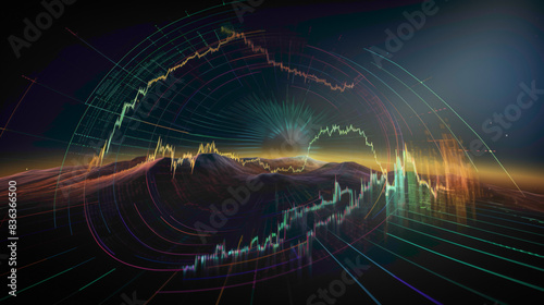 A picturesque Gann fan chart featuring angular lines projecting from key price points, providing insights into potential support and resistance levels. photo