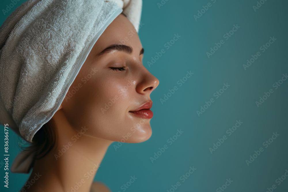 A close up of a woman after having a shower with her eyes closed looking to a side