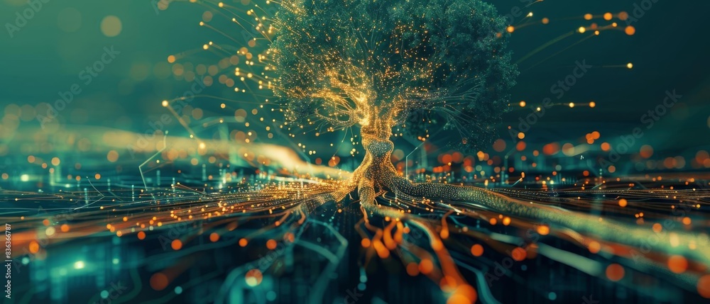Fototapeta premium Abstract digital tree with glowing branches representing technological growth, innovation, and connection in a futuristic digital landscape.