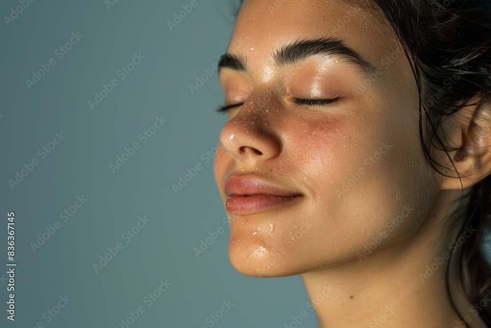 A close up of a woman after having a shower with her eyes closed looking to a side A close up of a woman after having a shower with her eyes closed looking to a side