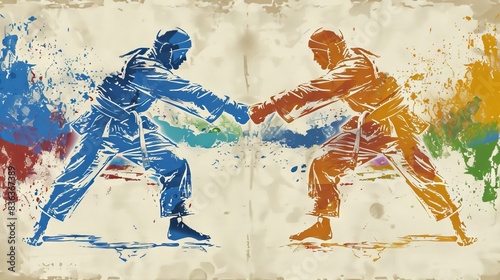 Two wrestlers in bright sports equipment (red and blue) in a fight in the ring. The background is made in an abstract style