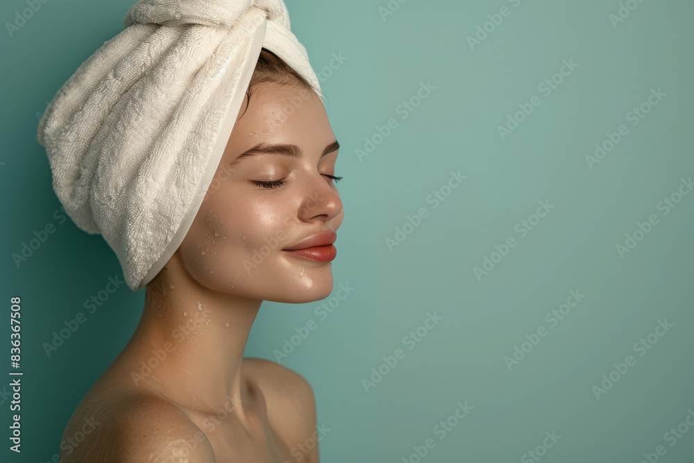 A close up of a woman after having a shower with her eyes closed looking to a side A close up of a woman after having a shower with her eyes closed looking to a side