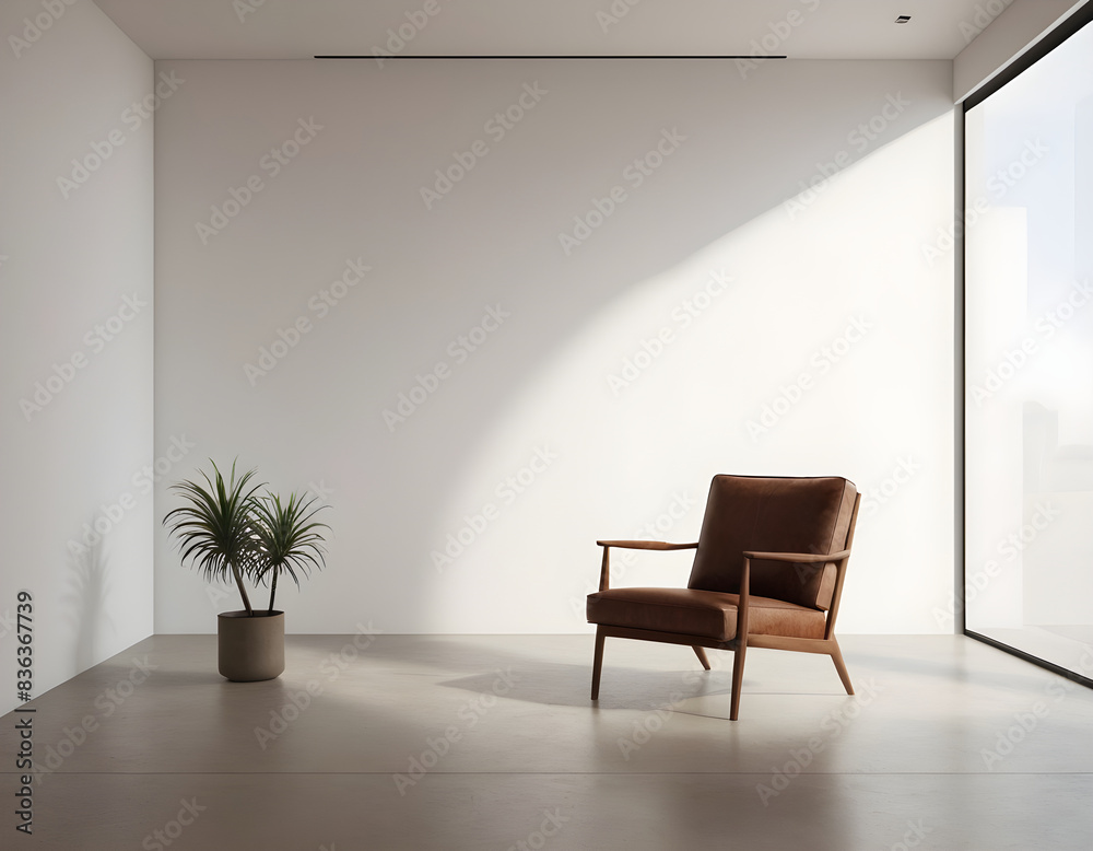 Elegant minimalist interior featuring a chic lounge chair, sunlit wall, and potted plant creating a tranquil ambiance Elegant minimalist interior featuring a chic lounge chair, sunlit wall, and potted plant creating a tranquil ambiance