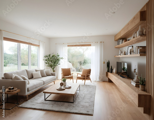 Contemporary living room with minimalist design  natural elements  and a serene neutral color palette  featuring spacious layout and large windows