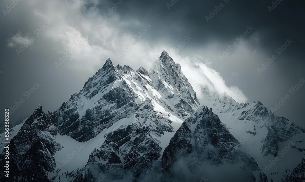 Raw Cinematic Landscape: Snow-Capped Mountain Peaks Under a Grey Sky with Dark Clouds – Captured with Sony Alpha A7 III in the Style of David Bales Raw Cinematic Landscape: Snow-Capped Mountain Peaks Under a Grey Sky with Dark Clouds – Captured with Sony Alpha A7 III in the Style of David Bales