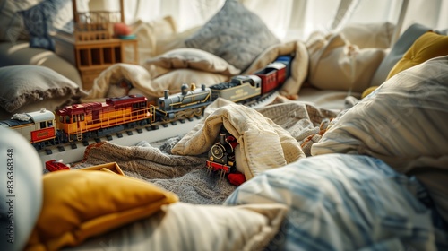 Aerial view of the toy train chugging through a makeshift tunnel made of pillows and blankets, creating a cozy atmosphere photo