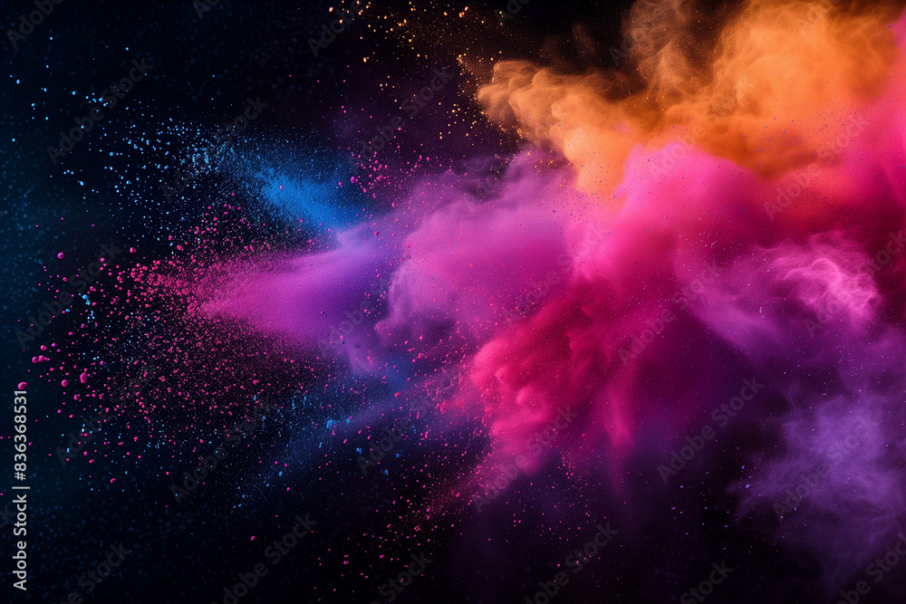 Fototapeta premium Abstract multicolored dust splash on black background. Abstract color powder explosion on background