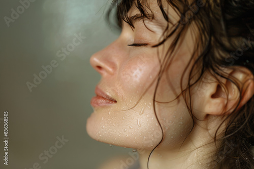 A close up of a woman after having a shower with her eyes closed looking to a side