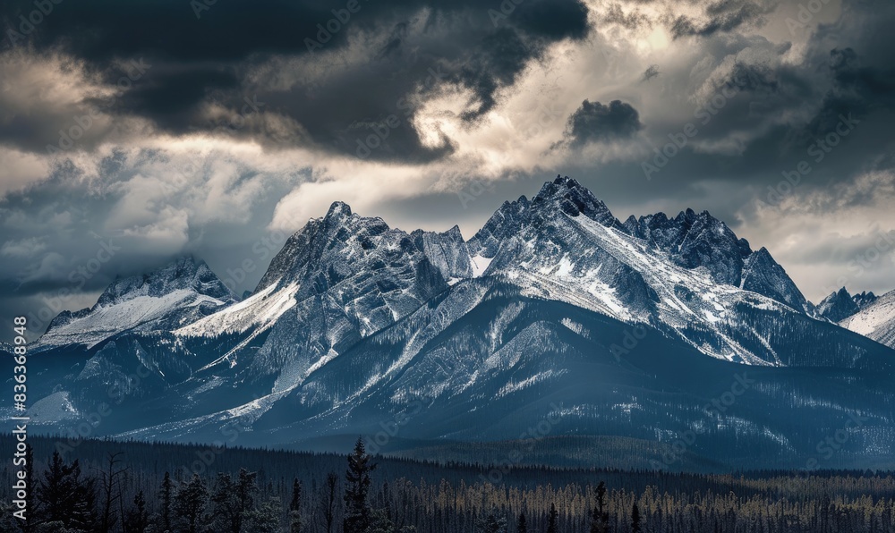 Raw Cinematic Landscape: Snow-Capped Mountain Peaks Under a Grey Sky with Dark Clouds – Captured with Sony Alpha A7 III in the Style of David Bales Raw Cinematic Landscape: Snow-Capped Mountain Peaks Under a Grey Sky with Dark Clouds – Captured with Sony Alpha A7 III in the Style of David Bales
