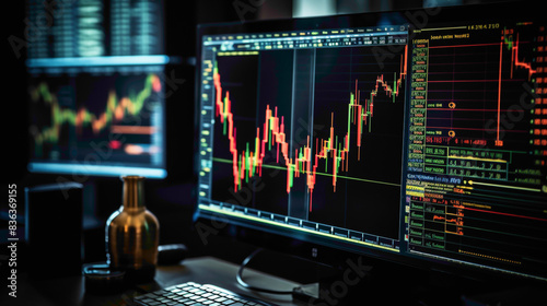 A stunning photograph of candlestick charts on a computer screen, showcasing the beauty and complexity of market analysis. photo