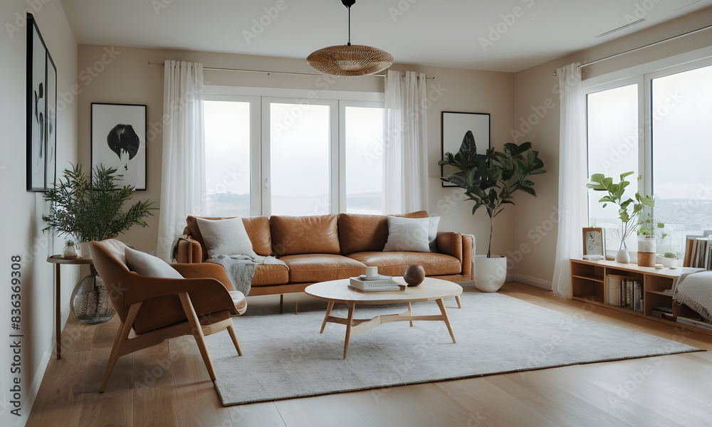 Fototapeta premium Stylish living room boasting a cozy brown sofa, wooden furniture, large windows, and elegant decor, offering a sleek, contemporary feel