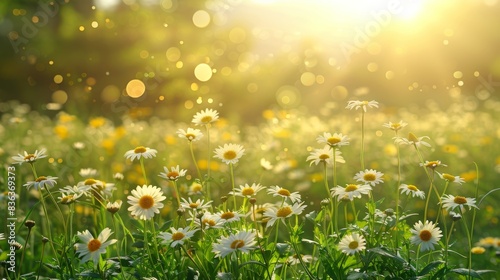 Field of daisies under warm sunlight with bokeh effect in the background
