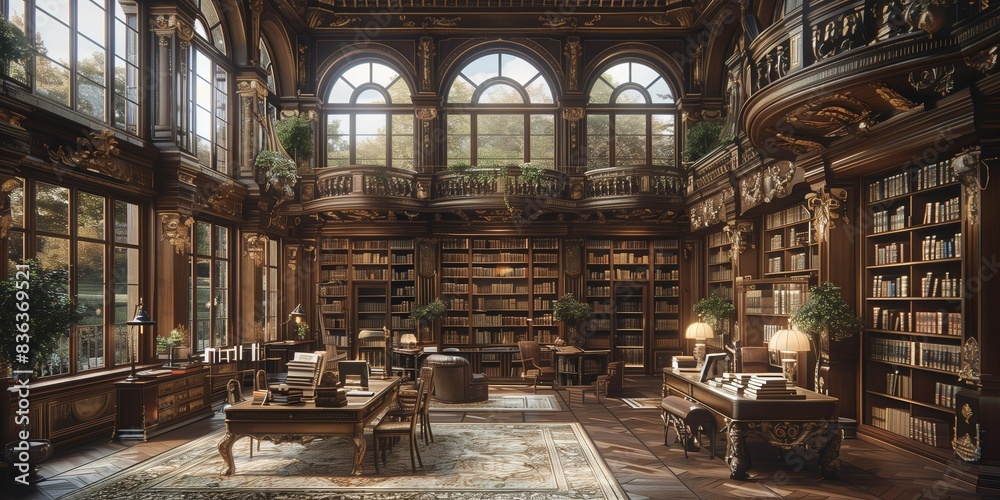 Historic Library Interior with Grand Architectural Details, generative ai