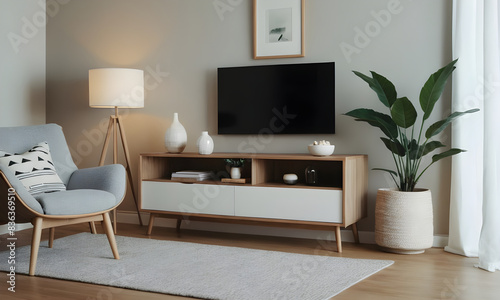 Serene living room with mid-century armchair, wooden media console, flat-screen tv, and indoor plant in an elegant setting