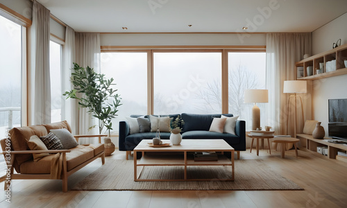Elegant contemporary living room with large windows  comfortable furniture  and warm lighting     perfect for a cozy  stylish home setting