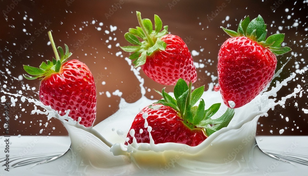 A creative food concept would be to drop fresh strawberries into a bowl of milk, creating a fruity and refreshing splash. A creative food concept would be to drop fresh strawberries into a bowl of milk, creating a fruity and refreshing splash.