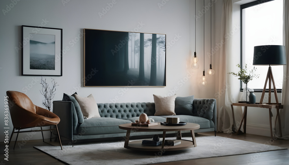 Modern and inviting living room with a gray sofa, elegant accents, gentle lighting, and stunning framed wall art pieces Modern and inviting living room with a gray sofa, elegant accents, gentle lighting, and stunning framed wall art pieces