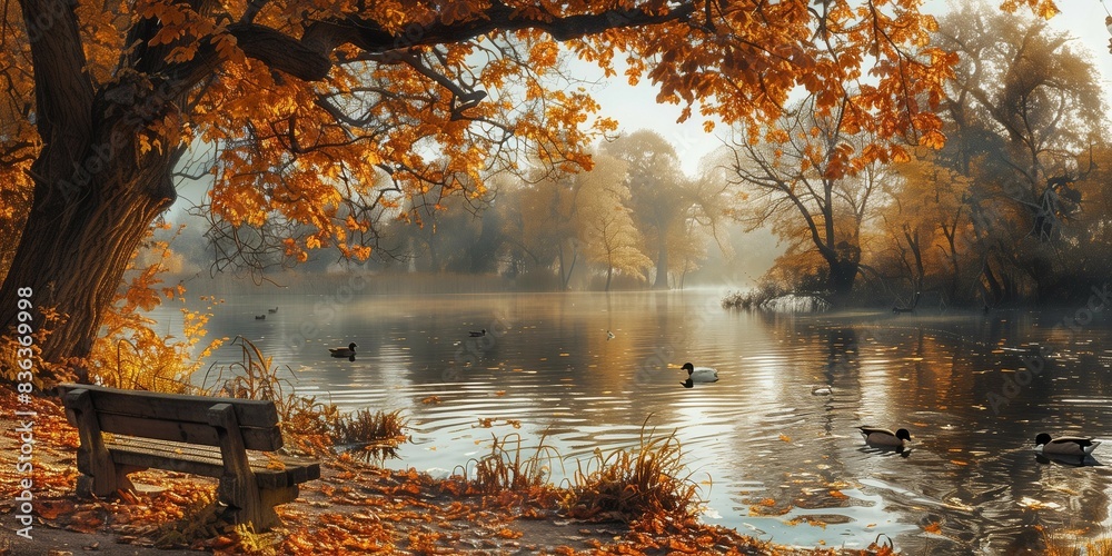 Fotografie Tranquil Autumn Scene by the River, generative ai