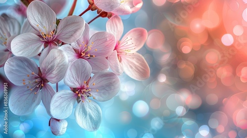 Close-up of delicate pink flowers with a vibrant bokeh background in blue and orange hues