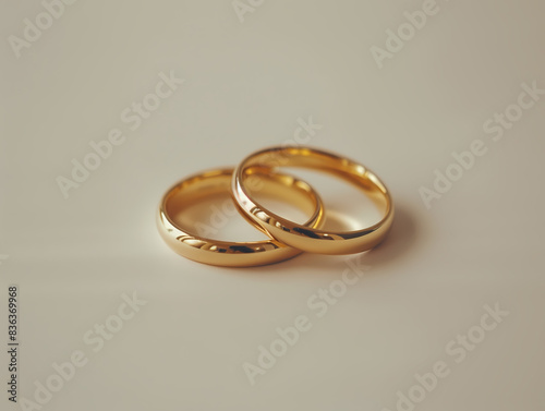 Two gold wedding rings are placed on a white background