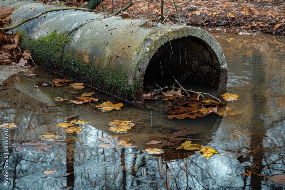 Dirty water leaks from a concrete pipe into the river, causing ...