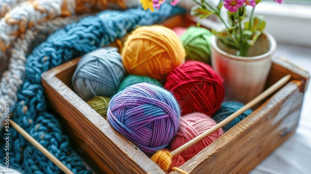 Knitting Essentials: Multicolored Italian Wool Yarn, Skeins, and Balls with Knitting Needles in a Wooden Box on a White Background – A Creative Needlework Display with a Flower Pot Nearby Knitting Essentials: Multicolored Italian Wool Yarn, Skeins, and Balls with Knitting Needles in a Wooden Box on a White Background – A Creative Needlework Display with a Flower Pot Nearby