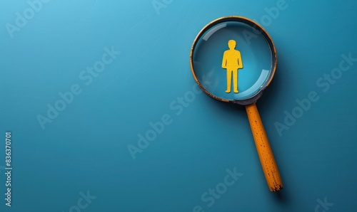 A man figurine magnified through a glass lens, portraying the concept of employee search. Reflects efficient personnel management and recruitment methodologies. 