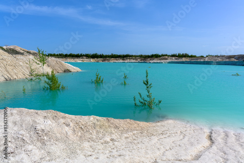 The blue lake  layered mountains  hills of limestone  limestone quarry in the village of West Kazakhstan region.