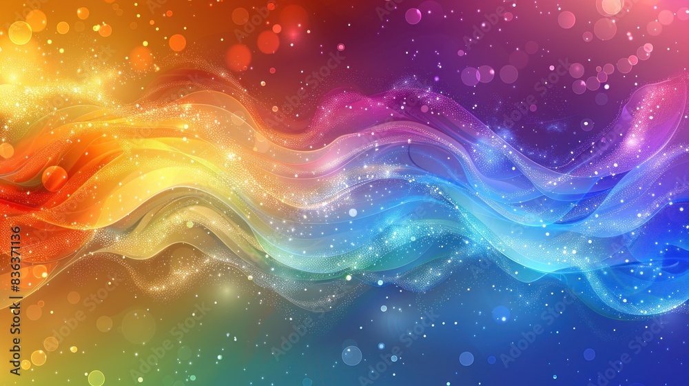 Vibrant rainbow background with white, blue, and yellow swirls, waves, and curves. The dynamic and colorful design creates an energetic and flowing visual, perfect for artistic and creative projects