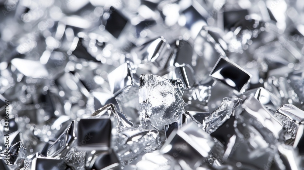 Close-up of metallic rhodium with silver tones and glitter in the background. The reflective surface showcases the shiny, lustrous quality of the metal, emphasizing its elegant and sophisticated look Close-up of metallic rhodium with silver tones and glitter in the background. The reflective surface showcases the shiny, lustrous quality of the metal, emphasizing its elegant and sophisticated look
