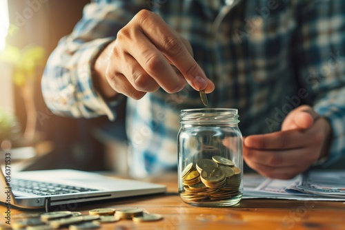 Save Money: Man Planning and Managing Future Cash in Jar © mattegg