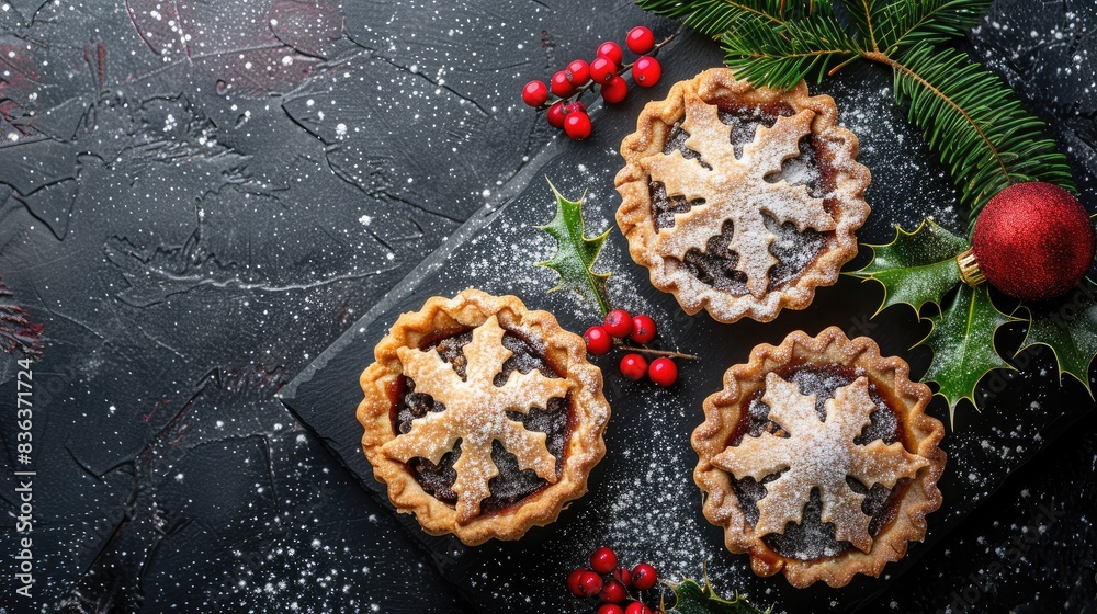 Freshly baked Christmas mince pies with one absent adorned with holly berry leaf and powdered sugar on dark surface Overhead view