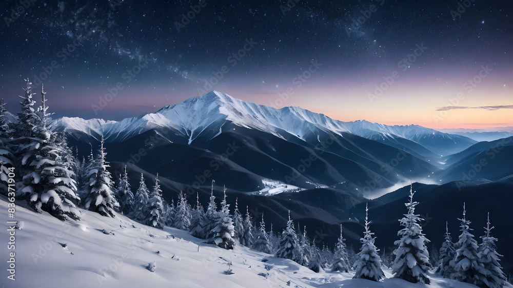 Forest on a snow-covered mountain ridge. Starry sky. Christmas winter night. Generative AI Forest on a snow-covered mountain ridge. Starry sky. Christmas winter night. Generative AI