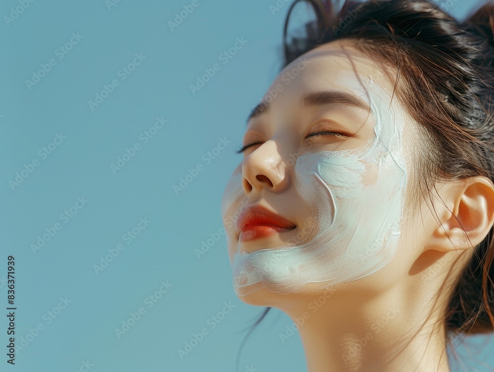Flawless Korean Girl using Face Mask for Radiant Skin, High Resolution Image with Copy Space Flawless Korean Girl using Face Mask for Radiant Skin, High Resolution Image with Copy Space