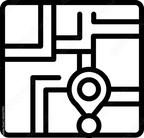 Stylized black and white line maze with a clear end point marked by a location pin icon