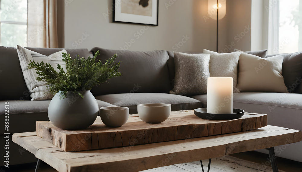 Cozy living room setting with a rustic wooden coffee table adorned with a candle and greenery Cozy living room setting with a rustic wooden coffee table adorned with a candle and greenery