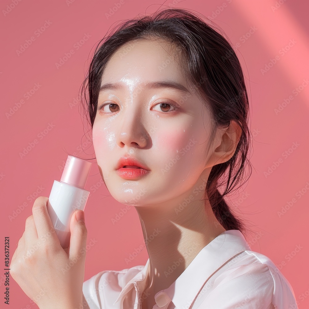 Radiant Korean Girl with Skincare Bottle - Beauty Concept with Copy Space Above Radiant Korean Girl with Skincare Bottle - Beauty Concept with Copy Space Above